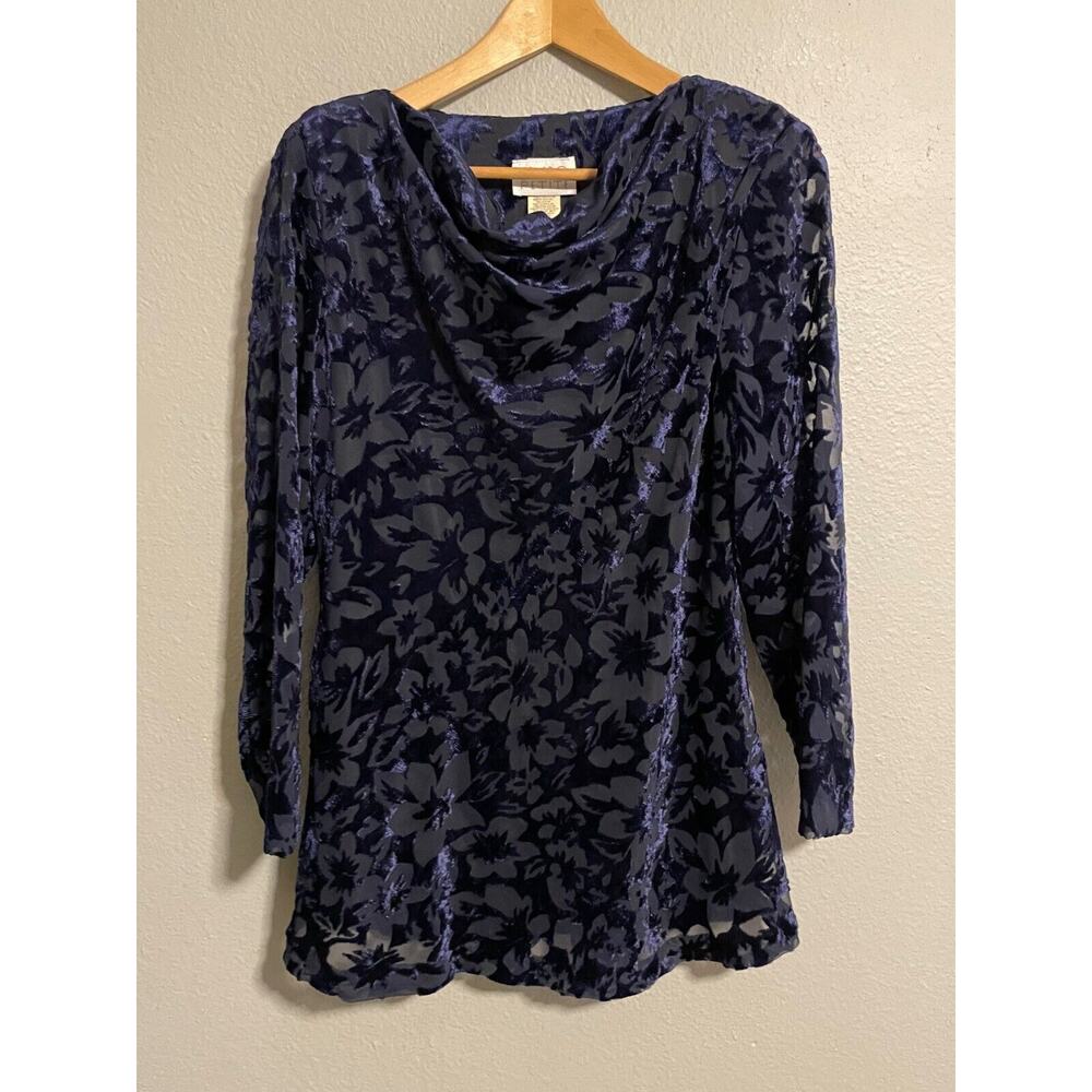 Vintage Expo Womens Tunic 10 Petite Navy Velvet Floral Cowl Neck Whimsigoth Y2K